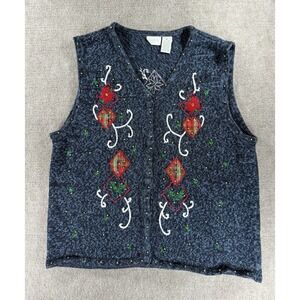 Vintage Erika Christmas Sweater Vest XL Blue Plaid Appliqué Ornament Beaded Knit